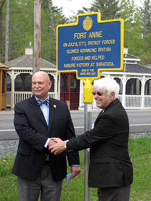President General Tomme and Empire State Society Immediate Past President Duane Booth after the unveiling. The marker reads -FORT ANNE On July 8, 1777, patriot forces slowed advancing British forces and helped assure victory at Saratoga.-