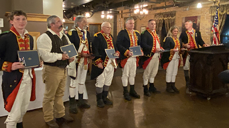 Members of the 2nd Continental Artillery Regiment received the Sons of the American Revolution 250th Anniversary 							Bronze Medals and Certificates during the September 17, 2023 meeting.